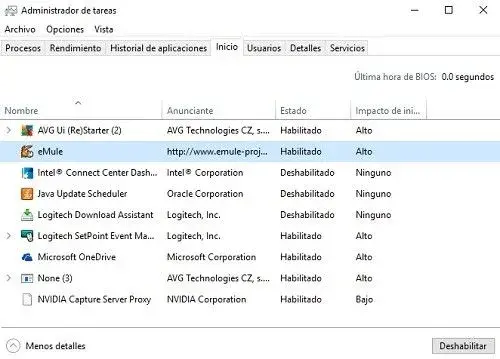 Secion inicio dela dministrador de tareas de windows